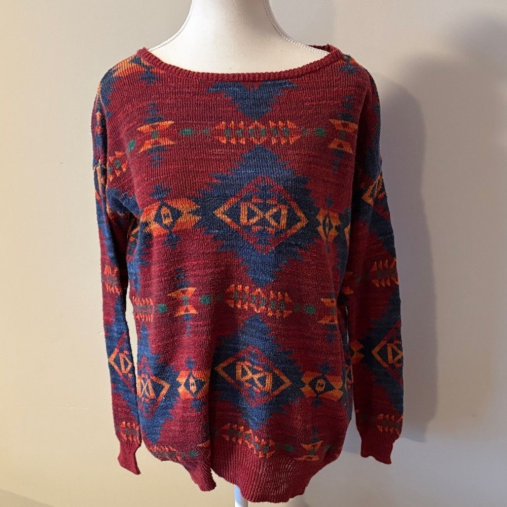 Denim & Supply Ralph Lauren Oversized Aztec Long Sleeve Red & Blue Sweater. S/M